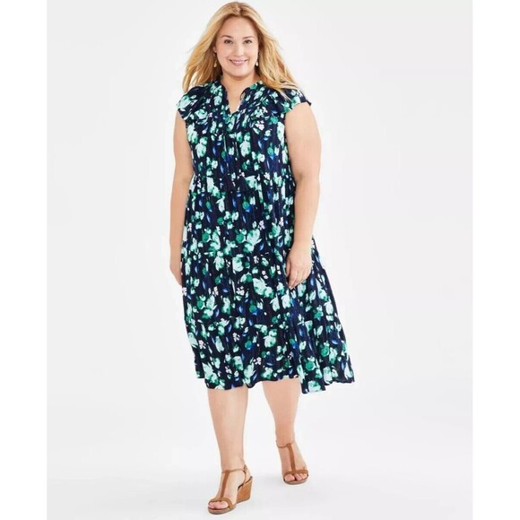 Style & Co Women's Plus Size Flutter Sleeves Floral Dress V-Neck Blue Green 3X - Picture 1 of 6